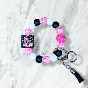 Pink and Black Proverbs 31 Beaded Wristlet Keychain